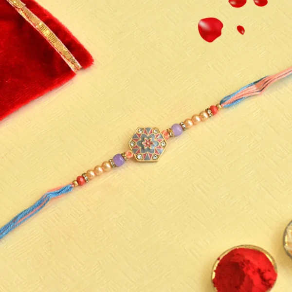 Elegant Floral Enamel Rakhi - RK-35 | Pastel Beads & Multicolor Thread - Image 1