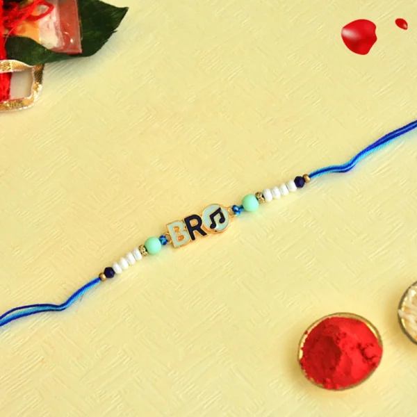 Trendy "BRO" Rakhi with Musical Note Charm - RK-37 | Blue Thread & Beaded Style