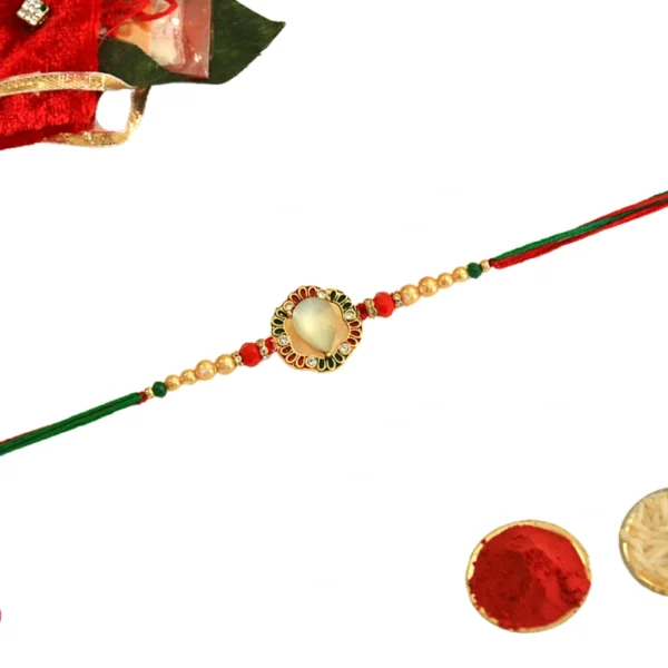 Royal Bloom Rakhi – RK-42 | Floral Kundan Circle with Pearl & Multicolor Thread Finish - Image 3