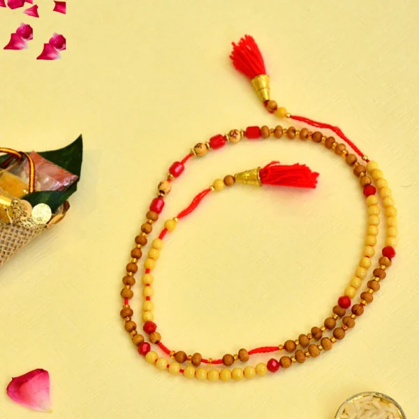 Traditional Double-Layered Moli Rakhi – RK-106 | Beaded Thread for Bhaiya with Wooden & Red Accents