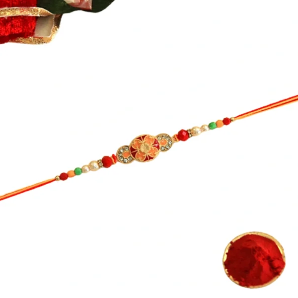 Sunset Blossom Rakhi – RK-44 | Floral Oval Centerpiece with Crystal & Pearl Beads on Dual-Tone Thread - Image 3