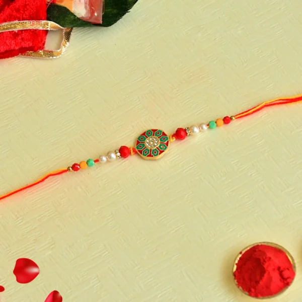 Mandala Design Rakhi – RK-47 | Multicolor Round Center with Pearl & Bead Embellishments - Image 1