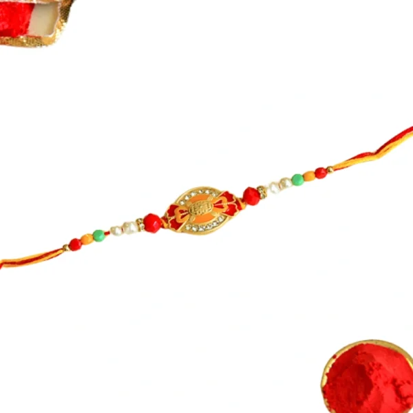 Golden Emblem Rakhi – RK-46 | Oval Centerpiece with Red Accents & Multicolor Bead Detailing - Image 3