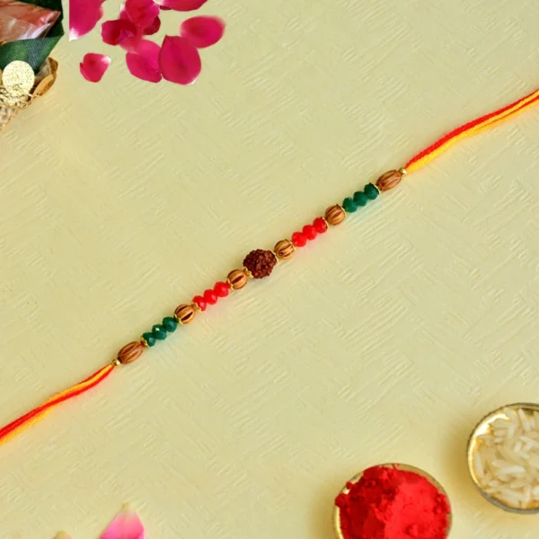 Divine Rudraksha Rakhi – RK-144 | Multicolor Beads & Golden Accents on Sacred Thread - Image 1