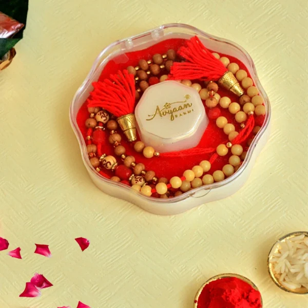 Traditional Double-Layered Moli Rakhi – RK-106 | Beaded Thread for Bhaiya with Wooden & Red Accents - Image 2