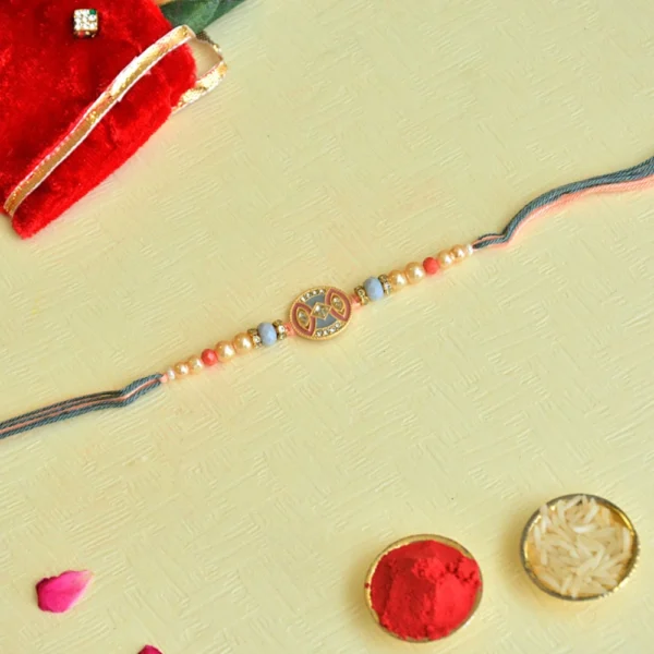 Designer Round Dial Rakhi – RK-51 | Multicolor Thread with Pearls & Crystal Beads - Image 1