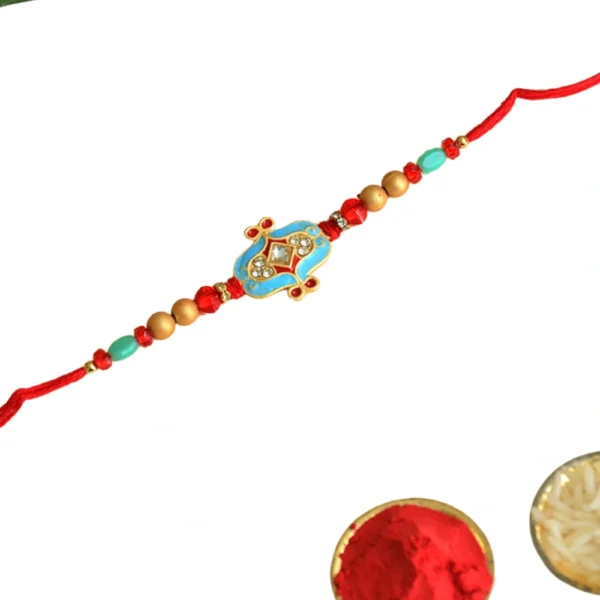 Blue Kundan Designer Rakhi – RK-48 | Intricate Gold Motif with Beads & Crystal Accents - Image 3