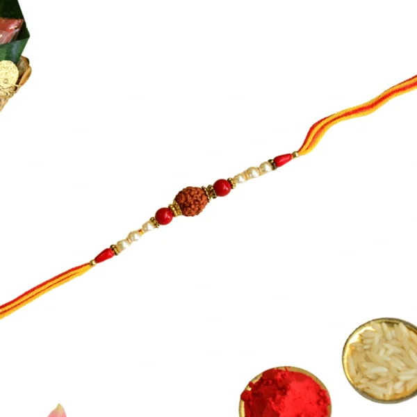 Divine Rudraksha Rakhi – RK-142 | Spiritual Thread with Pearls & Red Beads for Raksha Bandhan - Image 3