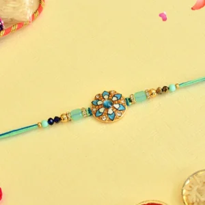 Blue Blossom Rakhi – RK-58 | Floral Design with Turquoise Beads on Aqua Thread
