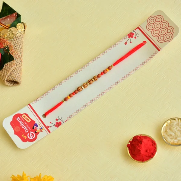 Earth-Toned Wooden Beads – RK-151 Rakhi on Soft Red Thread - Image 2