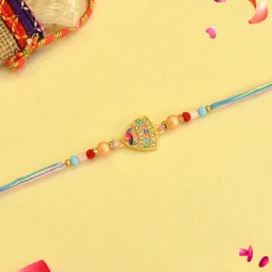 Vibrant Shield Rakhi – RK-59 | Rainbow Accents on Golden Base with Soft-Tone Thread