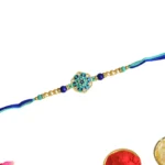 Floral Motif Rakhi – RK-52 | Blue-Green Thread with Pearls & Enamel Charm - Image 3