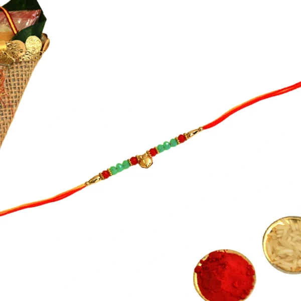 Golden Beaded Rakhi – RK-146 | Red & Green Elegance with Blessings - Image 3