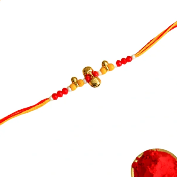 Festive Beaded Bell Rakhi – RK-148 | Joyful Vibrance with Golden Accents - Image 3