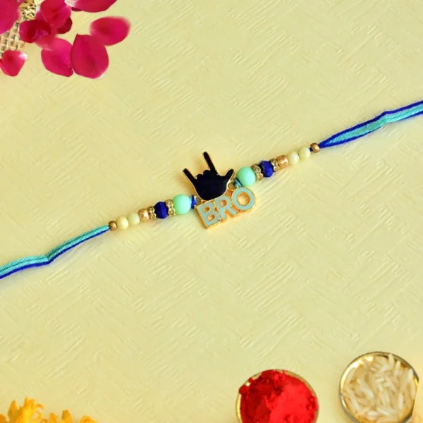 Stylish BRO Rakhi with Funky Hand Symbol - RK-155 - Image 1