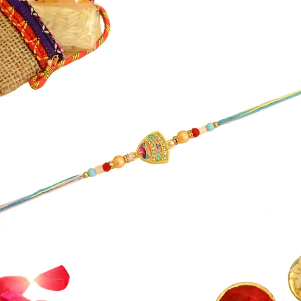 Vibrant Shield Rakhi – RK-59 | Rainbow Accents on Golden Base with Soft-Tone Thread - Image 3