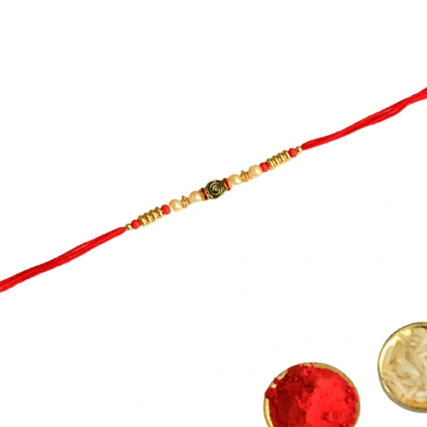 Elegant Rose Bead Rakhi with Red Thread – RK-153 - Image 3
