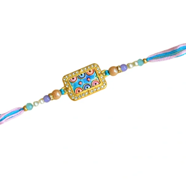 Pastel Charm Rakhi – RK-63 | Rectangle Enamel Dial with Beaded Elegance - Image 3