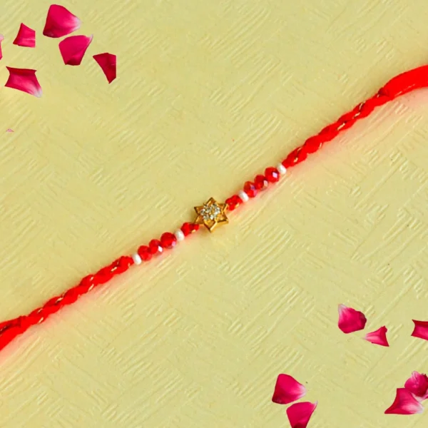 Minimal Elegance Rakhi – RK-108 | Star Charm in Red & Pearl Beads - Image 1