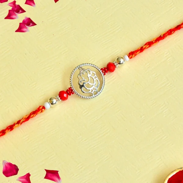 Blessed Ganesha Pure Silver Rakhi – RK-121 | Silver Charm on Sacred Red Thread for Auspicious Protection - Image 2