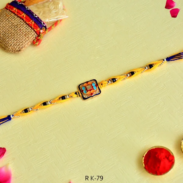 Traditional Meenakari Rakhi with Pearl Detailing - RK-79 | Elegant Yellow & Blue Thread Rakhi