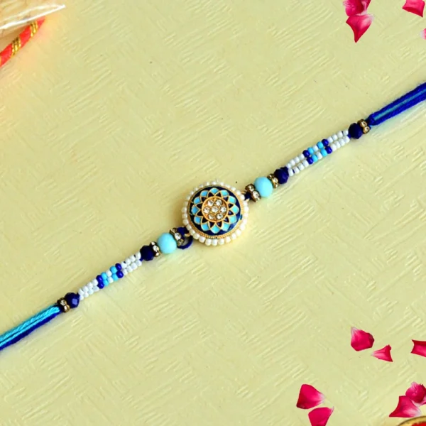 Mandala Design Centerpiece Rakhi - RK-80 | Elegant Blue Beaded Designer Thread Rakhi for Brother