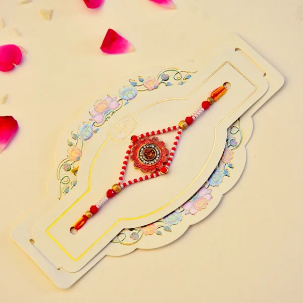 Radiant Floral Rakhi – RK-160 | Traditional Rakhi with Pearl Beads & Sun-Inspired Centerpiece for Brother - Image 2