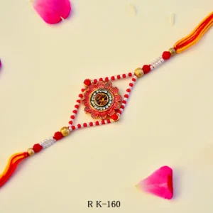 Radiant Floral Rakhi – RK-160 | Traditional Rakhi with Pearl Beads & Sun-Inspired Centerpiece for Brother