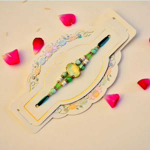 Mint Crystal Rakhi – RK-161 | Elegant Rakhi with Green Beads & Faceted Gemstone Center for Brother - Image 2