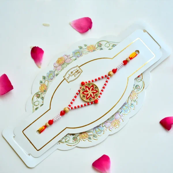Red Blossom Rakhi – RK-162 | Traditional Rakhi with Floral Centerpiece & Pearl Bead Detailing for Brother - Image 2