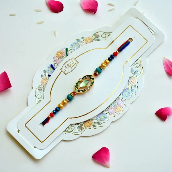Royal Leaf Rakhi – RK-163 | Colorful Rakhi with Enamel Frame & Green Gem Center for Brother - Image 2