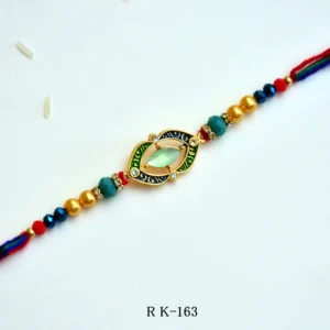 Royal Leaf Rakhi – RK-163 | Colorful Rakhi with Enamel Frame & Green Gem Center for Brother