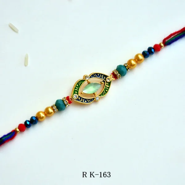 Royal Leaf Rakhi – RK-163 | Colorful Rakhi with Enamel Frame & Green Gem Center for Brother - Image 1