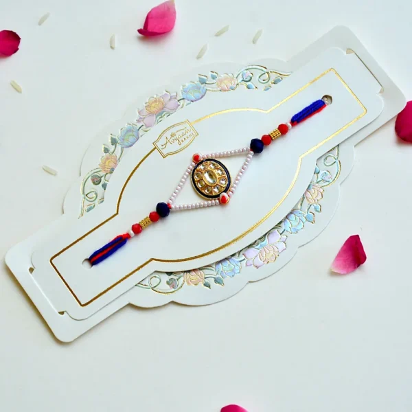 Kundan Oval Rakhi – RK-164 | Traditional Rakhi with Pearl Beads & Blue Thread Detailing for Brother - Image 2