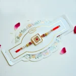 Royal Square Rakhi – RK-165 | Elegant Rakhi with Red Stone, Pearl Beads & Crystal Embellishment for Brother - Image 2