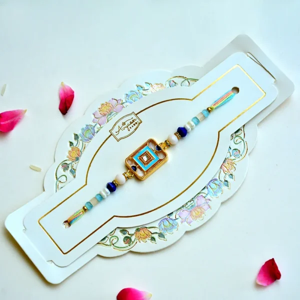 Ocean Glint Rakhi – RK-166 | Stylish Rakhi with Blue Enamel Square & Pastel Beads for Brother - Image 2