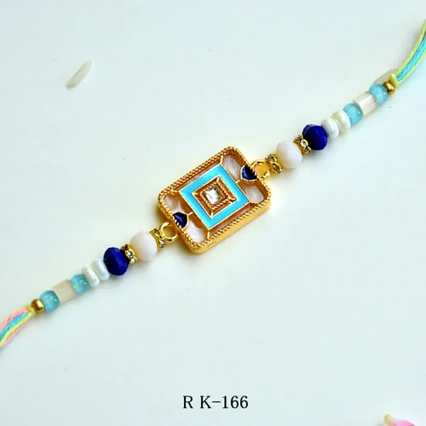 Ocean Glint Rakhi – RK-166 | Stylish Rakhi with Blue Enamel Square & Pastel Beads for Brother - Image 1