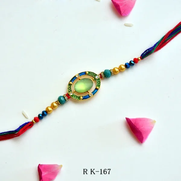 Colorful Stone Rakhi – RK-167 | Enamel Work with Beads & Thread Tassels - Image 1