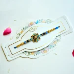 Peacock Feather Inspired Rakhi – RK-169 | Elegant Blue Enamel & Beads - Image 2