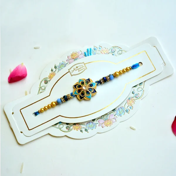 Peacock Feather Inspired Rakhi – RK-169 | Elegant Blue Enamel & Beads - Image 2