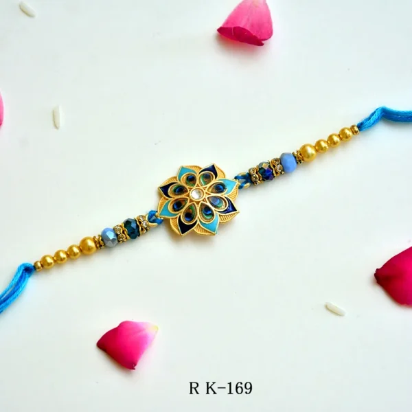 Peacock Feather Inspired Rakhi – RK-169 | Elegant Blue Enamel & Beads - Image 1