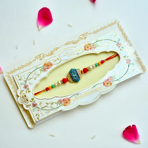 Elegant Lotus Emblem Rakhi with Multicolor Beads – RK-172 - Image 2
