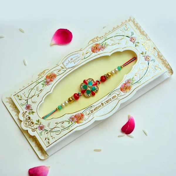 Floral Charm Rakhi with Red-Green Meenakari & Stones – RK-175 - Image 2