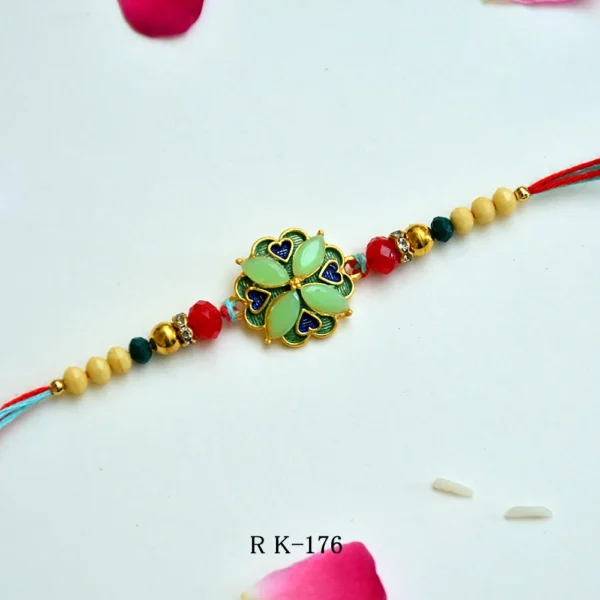 Heart Petal Designer Rakhi with Green & Blue Enamel – RK-176 - Image 1