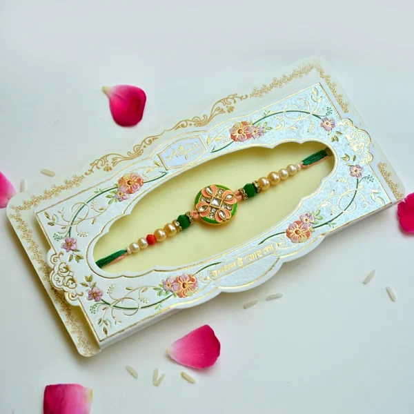 Graceful Kundan Floral Rakhi with Pearl & Green Accents – RK-177 - Image 2