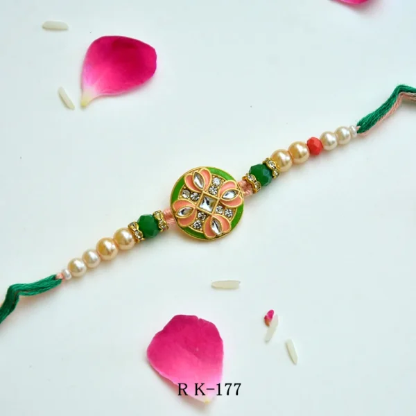Graceful Kundan Floral Rakhi with Pearl & Green Accents – RK-177 - Image 1