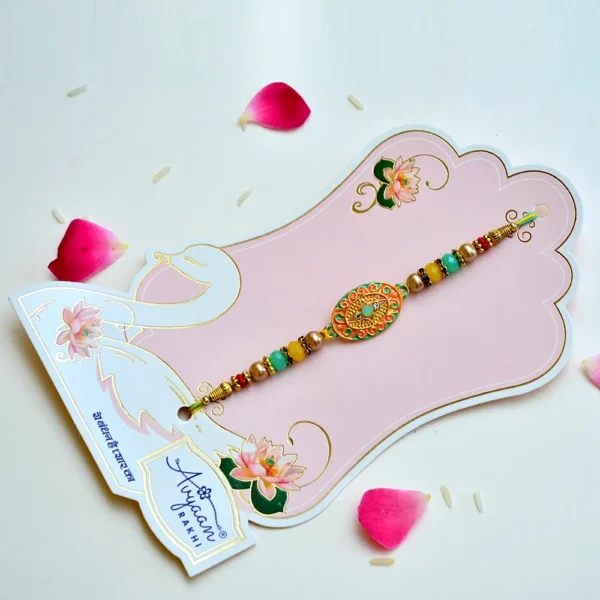 Divine Om Rakhi with Antique Finish & Beaded Elegance – RK-178 - Image 2