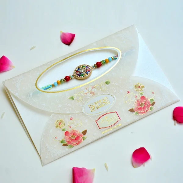 Rainbow Charm Rakhi – RK-182 | Colorful Enamel Rakhi with Floral Motif & Multicolor Beads for Brother - Image 2
