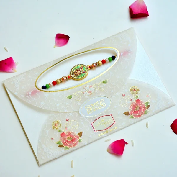 Peacock Grace Rakhi – RK-184 | Elegant Enamel Rakhi with Colorful Beads & Crystal Accents for Brother - Image 2