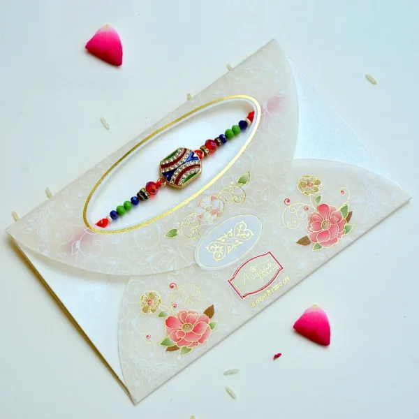 Wave Crest Rakhi – RK-187 | Unique Rakhi with Wavy Crystal Design & Colorful Beads - Image 2